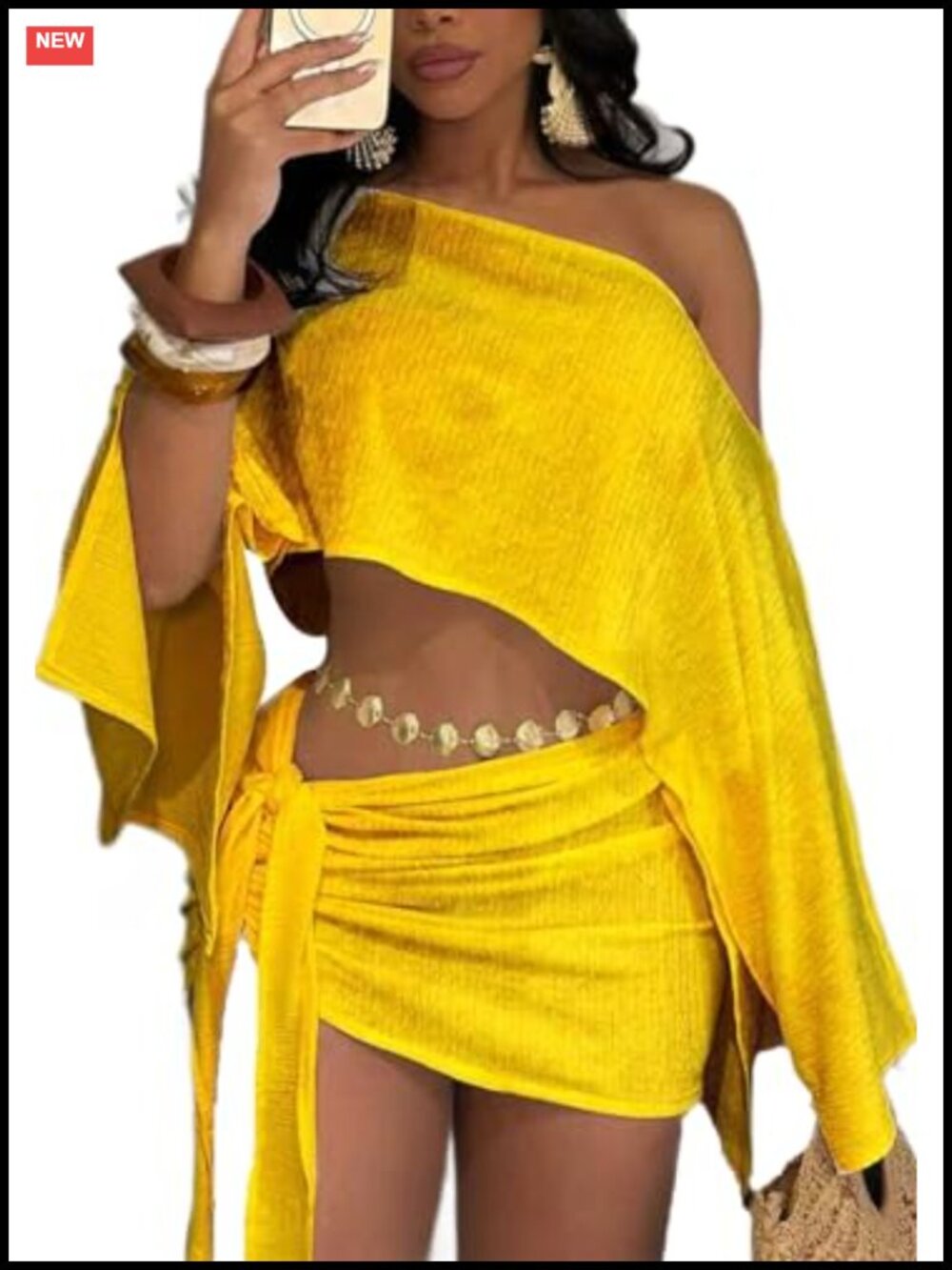 Women's 2 Piece Outfit Batwing Off Shoulder Crop Top and Mini Skirt Set
